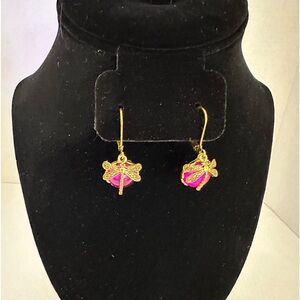 Gold tone dragons fly with pink glass lever back earrings